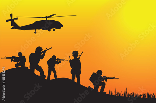 Silhouette helicopter with five soldiers vector design