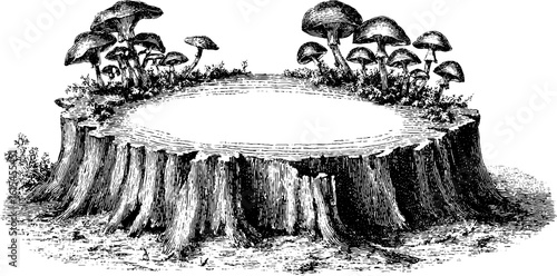 Vintage engraved illustration of hollow tree stump with mushrooms and foliage for retro design
