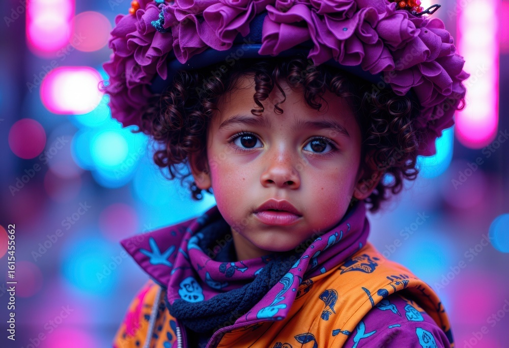 Young girl with curly hair wearing a vibrant purple hat and colorful jacket in a neon-lit setting Young girl with curly hair wearing a vibrant purple hat and colorful jacket in a neon-lit setting