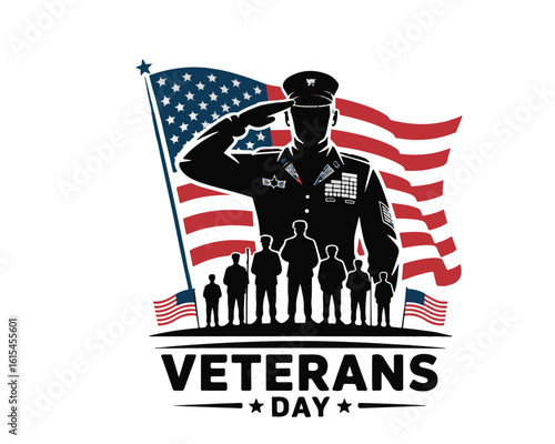Silhouette of saluting soldier with american flag and veterans day text on a white background