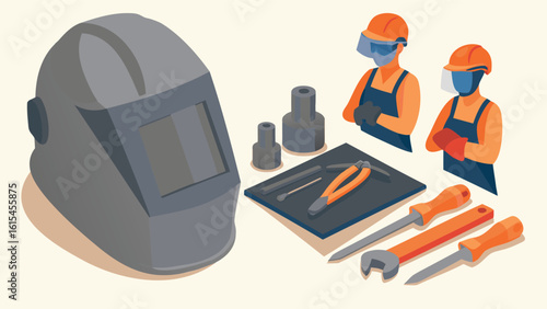 Illustration of a welding mask with tools and two workers in orange helmets and overalls standing nearby
