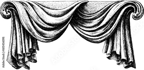 Elegant vintage engraving of draped linen curtain for retro decor and design