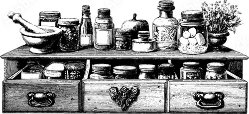 Vintage engraved illustration of locked cabinet with ingredients and jars for retro kitchen design