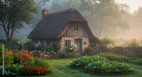Cottage garden glows in misty morning. Features idyllic setting. Perfect for backgrounds, design, editorial, and web use.