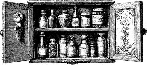 Vintage engraved illustration of locked cabinet with bottles and jars for apothecary theme decor
