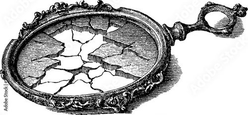 Vintage hand drawn engraving of cracked mirror for retro design and decor