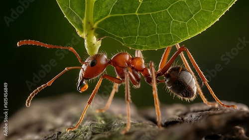 Wallpaper Mural A determined leafcutter ant diligently carries a vibrant green leaf across a textured wooden surface in the forest Torontodigital.ca