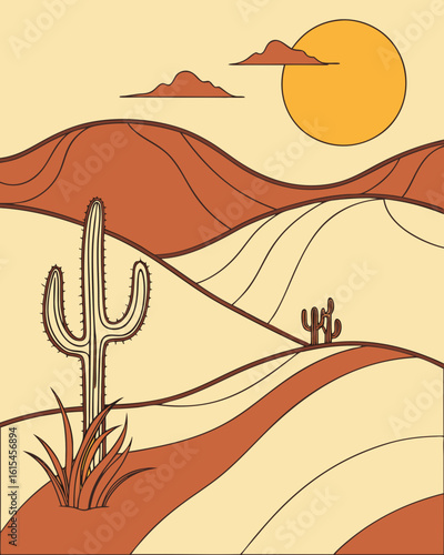 Stylized desert landscape with saguaro cacti rolling hills and a large sun under a pale sky