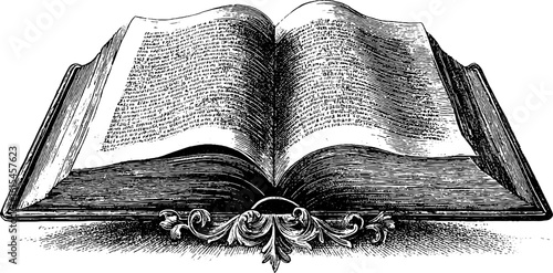 Vintage engraved illustration of an open book with visible text for design