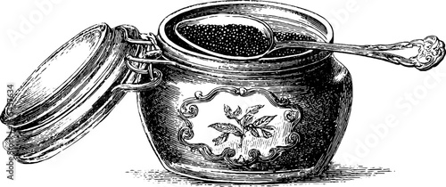 Vintage engraved open jar of preserves with spoon and ornate label design for kitchen decor