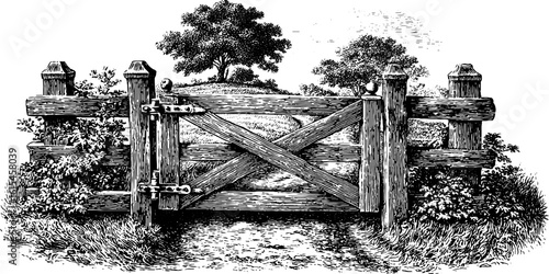 Vintage hand drawn engraving of a pasture gate with iron hinges for farm design