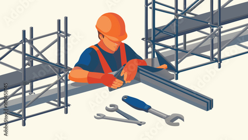 Illustration of a construction worker on scaffolding with tools wearing an orange hard hat and gloves