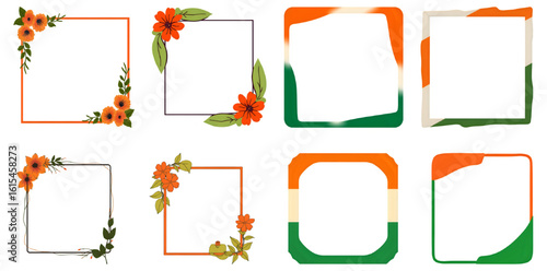 Collection of Floral and Indian Flag Themed Square Frames. Independence day illustration. 