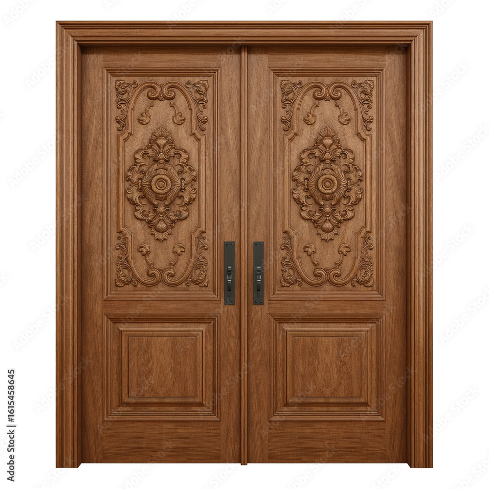 Ornately crafted wooden double doors with intricate floral carvings and rich warm tones offering a