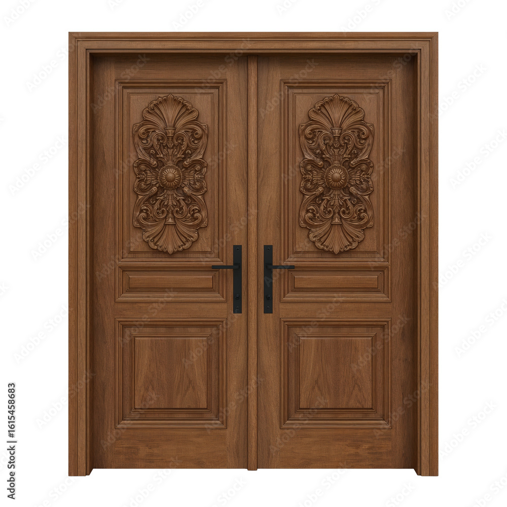 Elaborate wooden double door with intricate floral carving ornamentation isolated on transparent Elaborate wooden double door with intricate floral carving ornamentation isolated on transparent