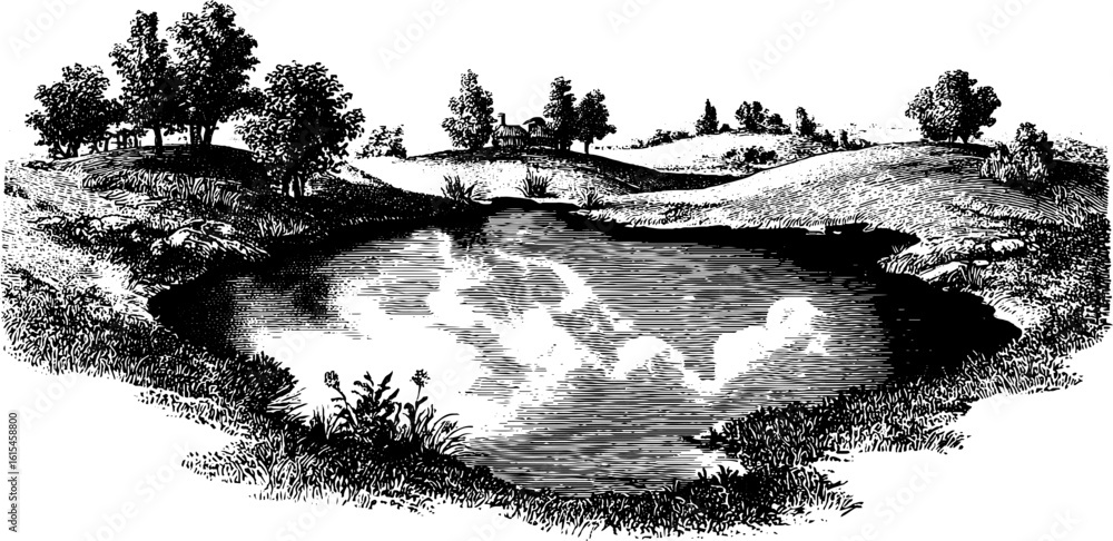 Fototapeta premium Morning reflection in puddle - vintage engraved landscape illustration