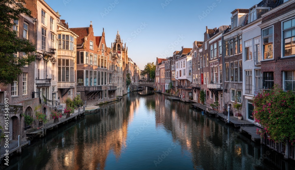 Naklejka premium Canal city at dawn, reflections on water