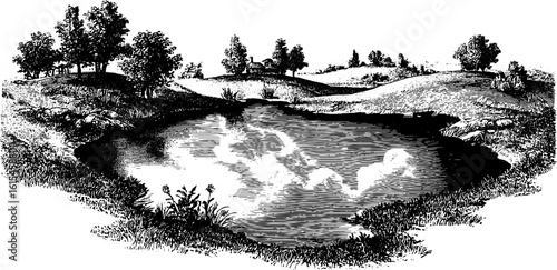 Morning reflection in puddle - vintage engraved landscape illustration