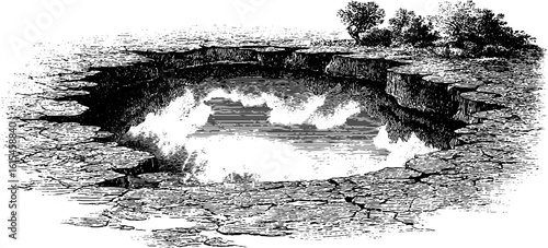Engraved illustration of a puddle reflecting morning clouds in a natural landscape