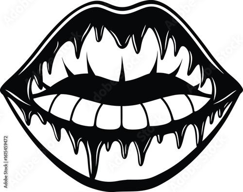 Vector illustration of woman's lips, mouth, and teeth with a red lipstick smile, artistic, trendy, seductive expression, femininity