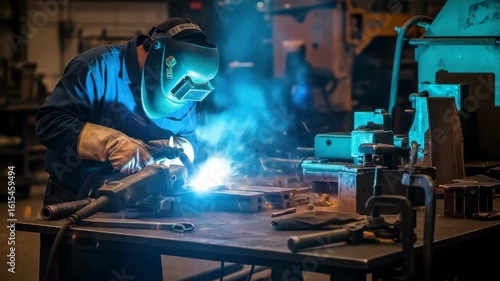 A welder works in a factory, using a welding machine to fuse metal, creating intense light and sparks under safe conditions with protective gear.