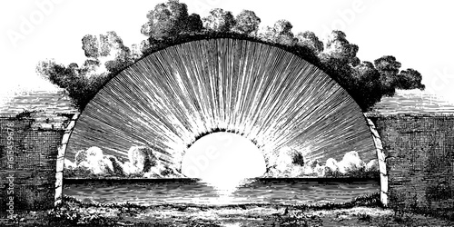 Vintage engraving of rising sun behind castle with landscape silhouette