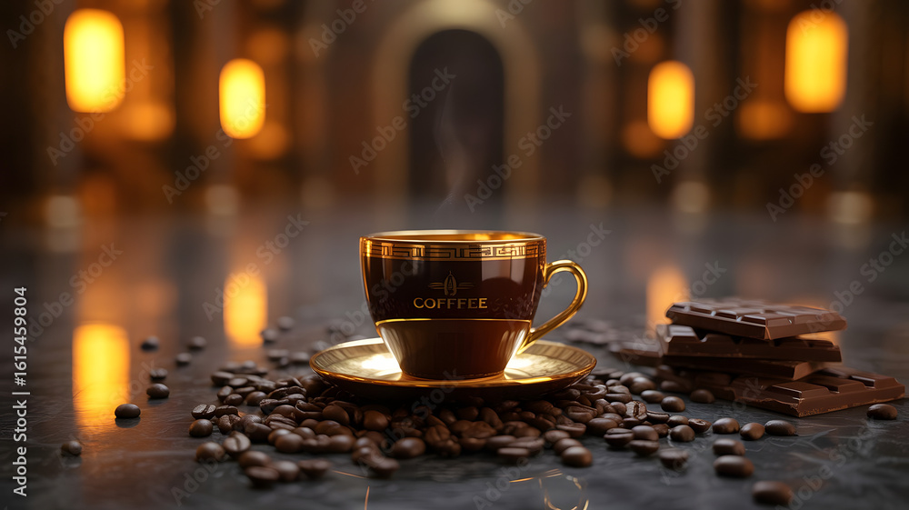 Obraz premium An exquisite cup of coffee in dark, deep golden tones, with notes of dark chocolate and bitterness. Against the backdrop of an Egyptian interior, with coffee beans around
