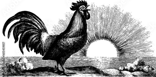 Hand drawn vintage rooster crowing at sunrise engraving for retro design and decoration