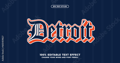 Detroit: a bold gothic text effect with a playful twist. Inspired by baseball graphics and club logos, this editable vector lettering adds energy to sports branding and merch designs.