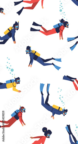 Vibrant underwater scuba divers exploring the ocean depths in a playful seamless pattern