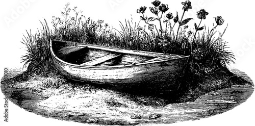 Vintage engraving of rowboat moored in shallow water