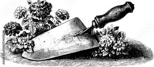 Rustic garden scene with engraved trowel and blossoming flowers for design use