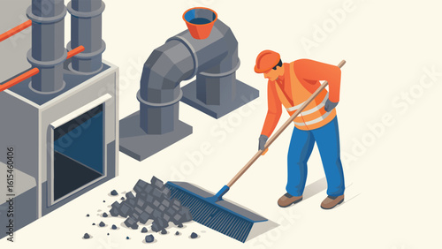 Isometric view of a worker sweeping up debris near industrial equipment with a bucket on top of it