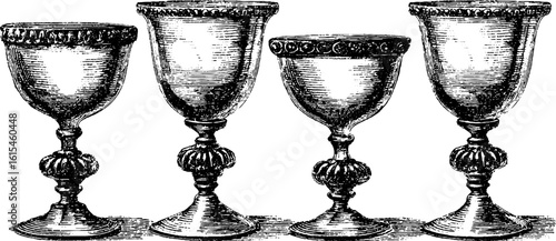 Vintage engraved illustration of a set of tasting glasses for beverage enthusiasts and collectors