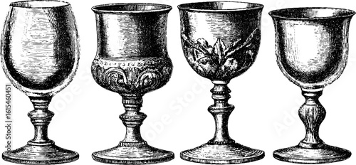 Vintage engraved illustration of tasting glasses - retro drinkware for design and decoration