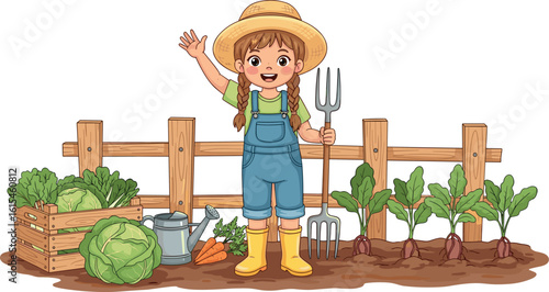 Cute cartoon girl gardening with a shovel and vegetables in watercolor style.