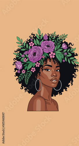 Beautiful woman with flowers in her hair afrocentric art