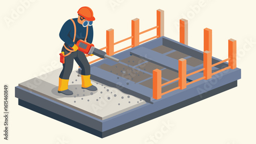 A construction worker using a jackhammer on a concrete platform with safety barriers and protective gear