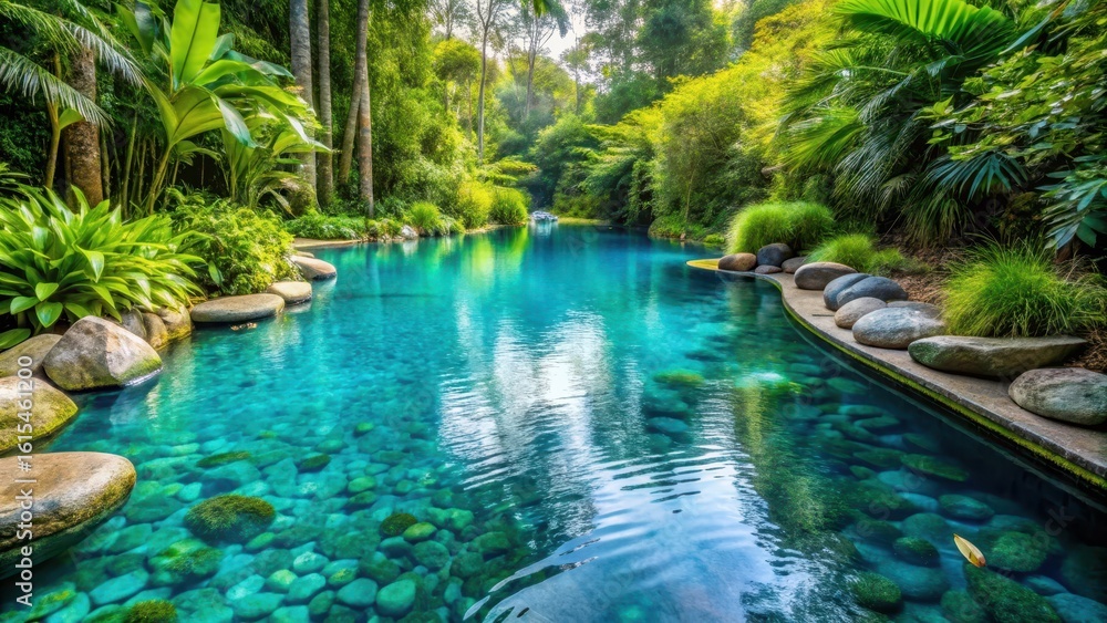 Naklejka premium A serene blue water pool surrounded by lush greenery and floating spa stones, creating a peaceful atmosphere for relaxation , blue water, natural scenery