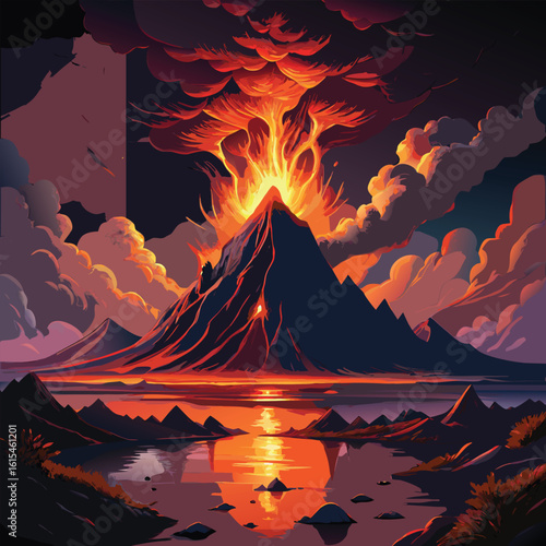 Explosive volcanic eruption with glowing lava flow
