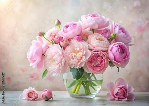Fototapeta Naklejka Na Ścianę i Meble -  Delicate pink peonies and roses in a vase with a soft