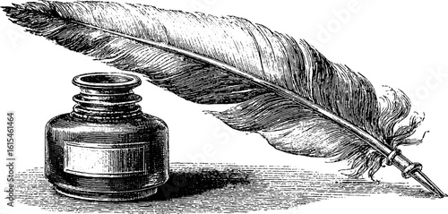 Vintage inkwell and feather quill hand drawn illustration for retro design