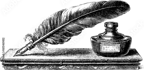 Vintage inkwell and feather quill engraving - retro style for artistic design and writing enthusiasts