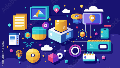 Illustration of various technology and business icons on a dark blue background with connected lines