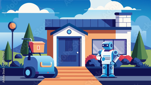 Robot delivery service with autonomous vehicle and humanoid robot in a suburban neighborhood setting