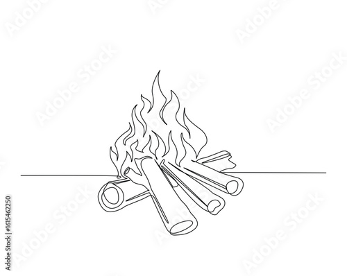 Bonfire outline drawing illustration. one continuous line drawing of campfire.