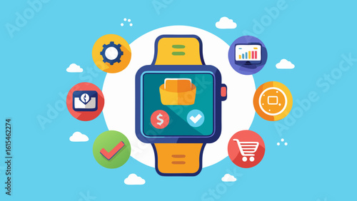 Smartwatch displaying digital wallet and various application icons on a blue background design style