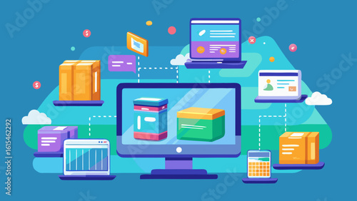 Online shopping concept showing products on a monitor connected to laptops and packages and other devices