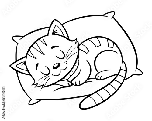 Vector Line Art of Cute Sleeping Cat on Pillow – Printable Coloring Page for Kids and Cat Lovers