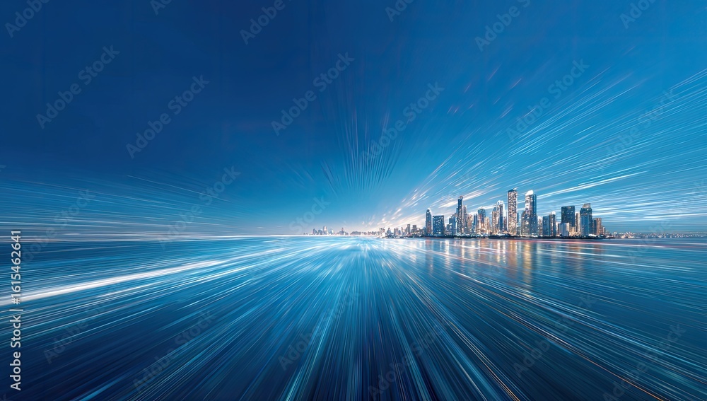 Fototapeta premium Panoramic cityscape, vibrant blue sky, motion blur